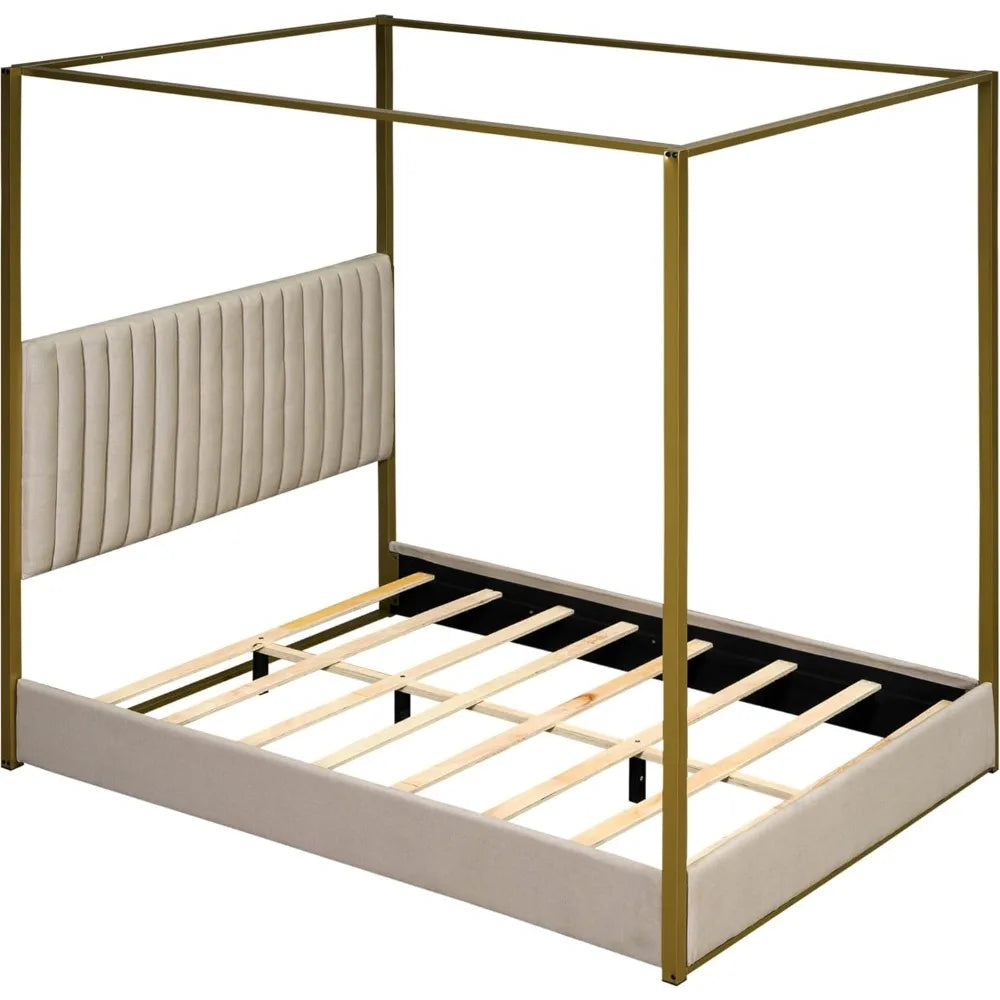 Contemporary Queen Upholstered Canopy Bed with Headboard and Metal Low Profile Platform