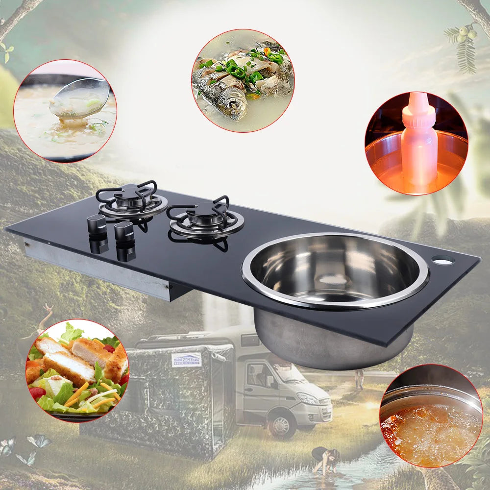 Boat Caravan RV Camper 2 Burner LPG Gas Stove Hob w/ Sink Combo Cooktop Tempered Glass Camping Outdoor Portable Dual Fuel Cooker