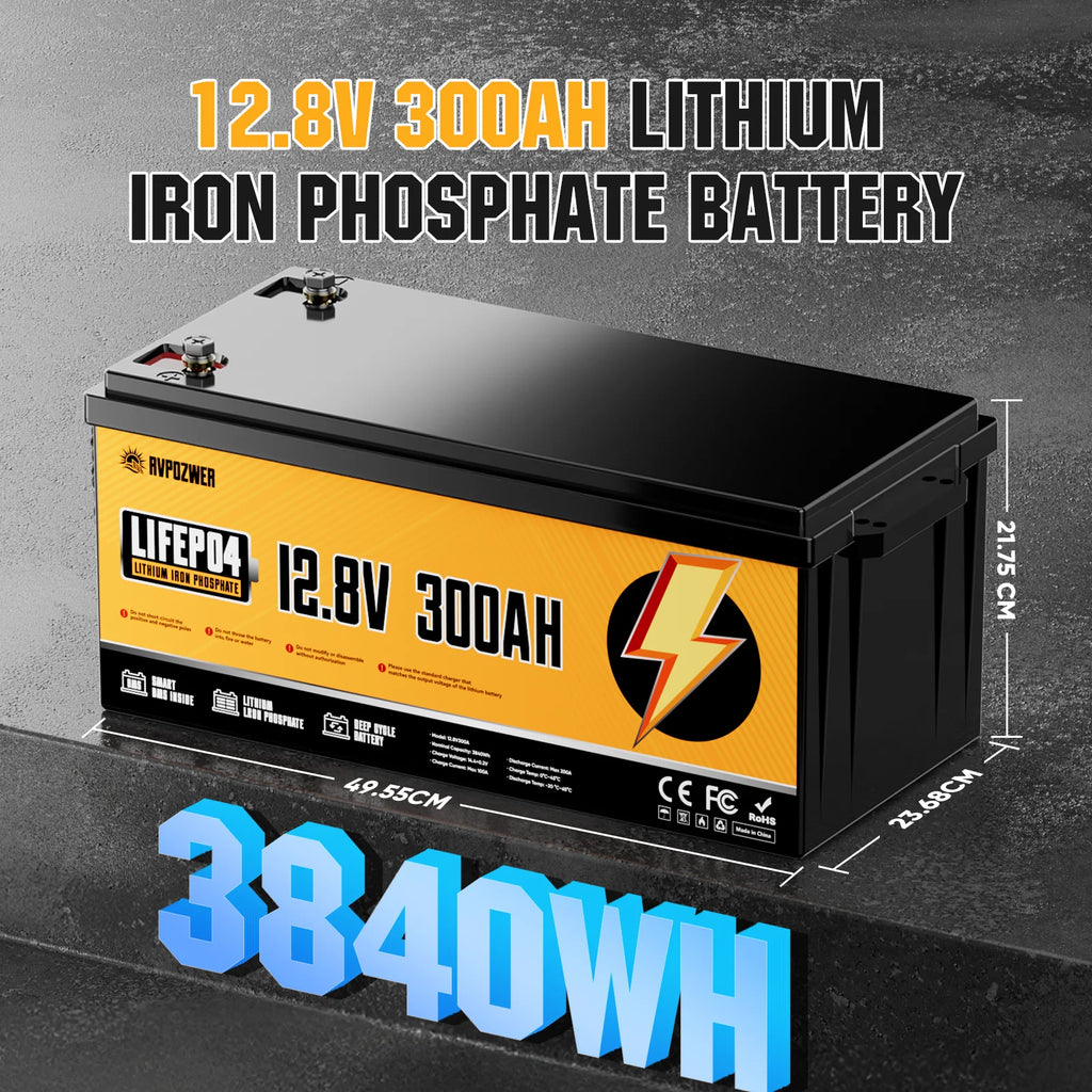 Rvpozwer 12.8V 300Ah LiFePO4 Battery 300A BMS 25000+ Cycles for Trolling Motor Solar Panel Van Camping Power Supply