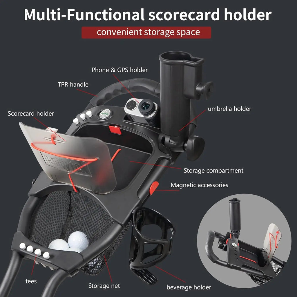 Lightweight Foldable Golf Push Cart with EVA Wheels, Foot Brake, Adjustable Handle & Accessories - 15.3 V2 Model