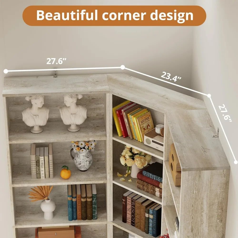 Corner Bookshelf with 7 Tier Shelves and 2 Storage Cabinets, 71 Height Storage Shelves Corner Combination Unit