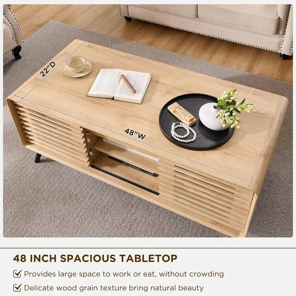 48 Lift top Coffee Table, mid Century Modern Coffee Table with Slatted Sliding Door, Hidden Storage Compartment, 4 Stor