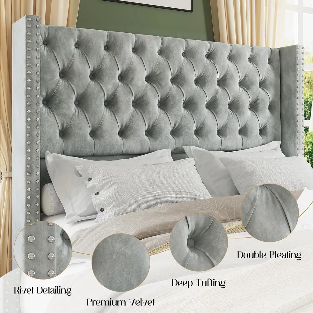 Queen Size Platform Bed Frame Velvet Upholstered Bed with Nailhead Trim Wingback Headboard 51.6" Tall,Button Tufted, Light Grey