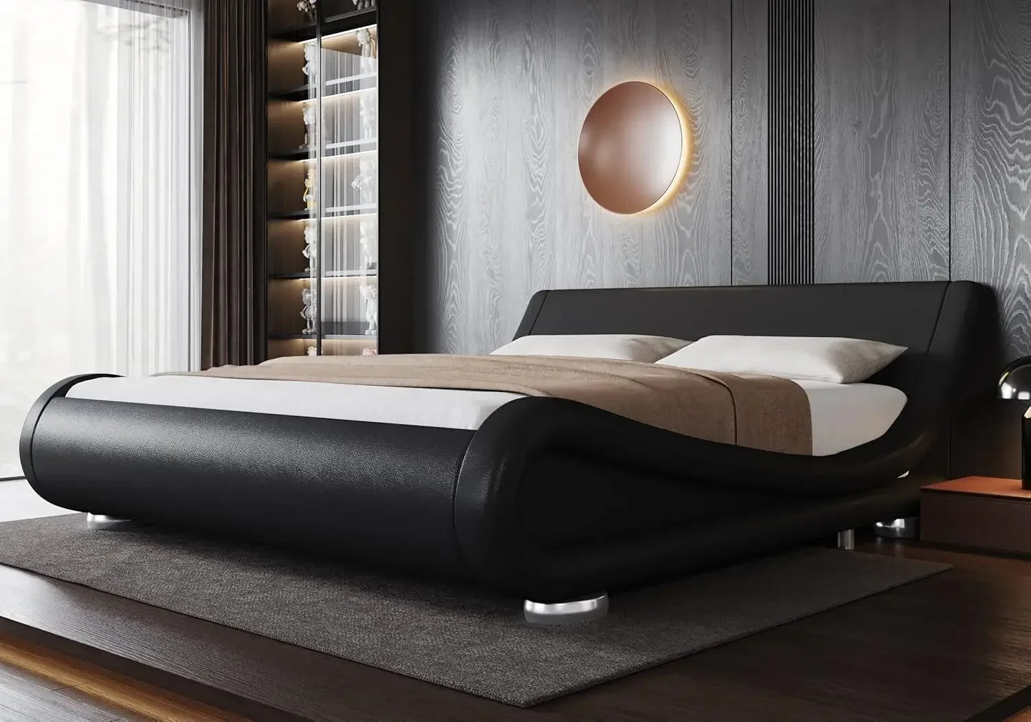 Large bed frame, ergonomic, adjustable headboard, low profile modern cushioned platform sled design - easy to assemble, black