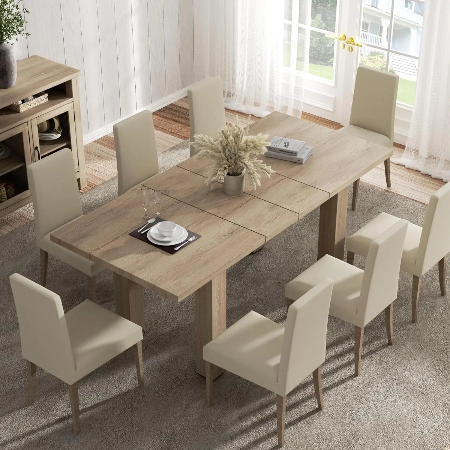 Extendable Oak Dining Table 55''-78'', for 6-10 People, Rustic, Small Kitchen & Office Use
