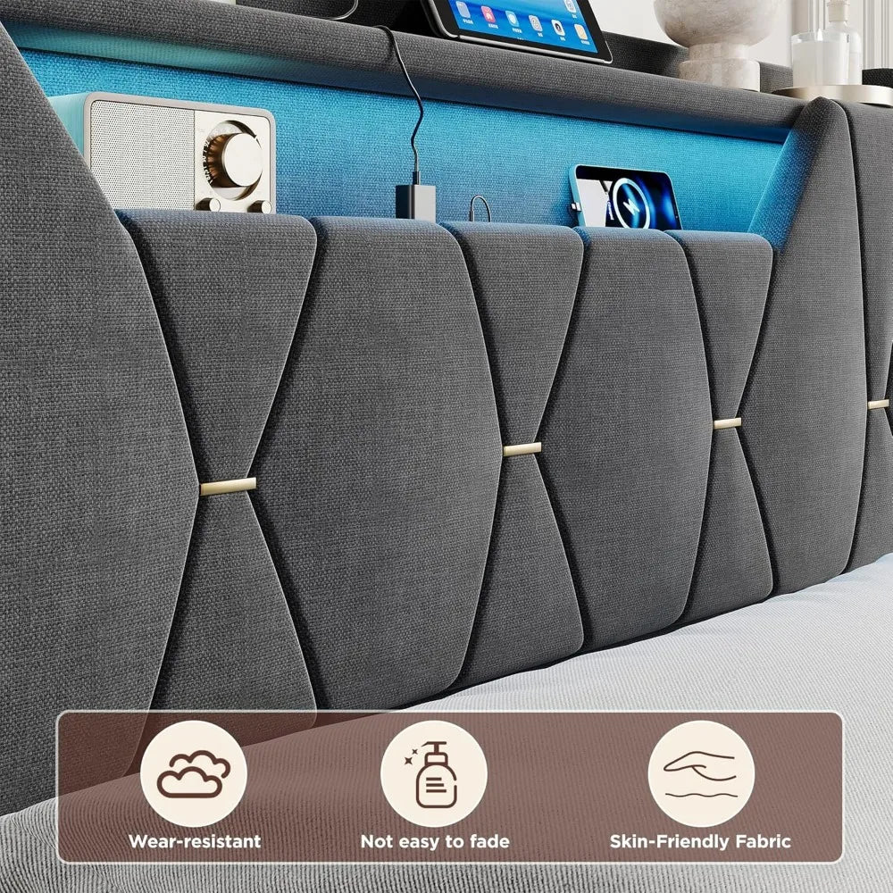Queen Size Lift Storage Bed Frame with Upholstered Headboard, Charging Station, LED Lights, and Platform Design