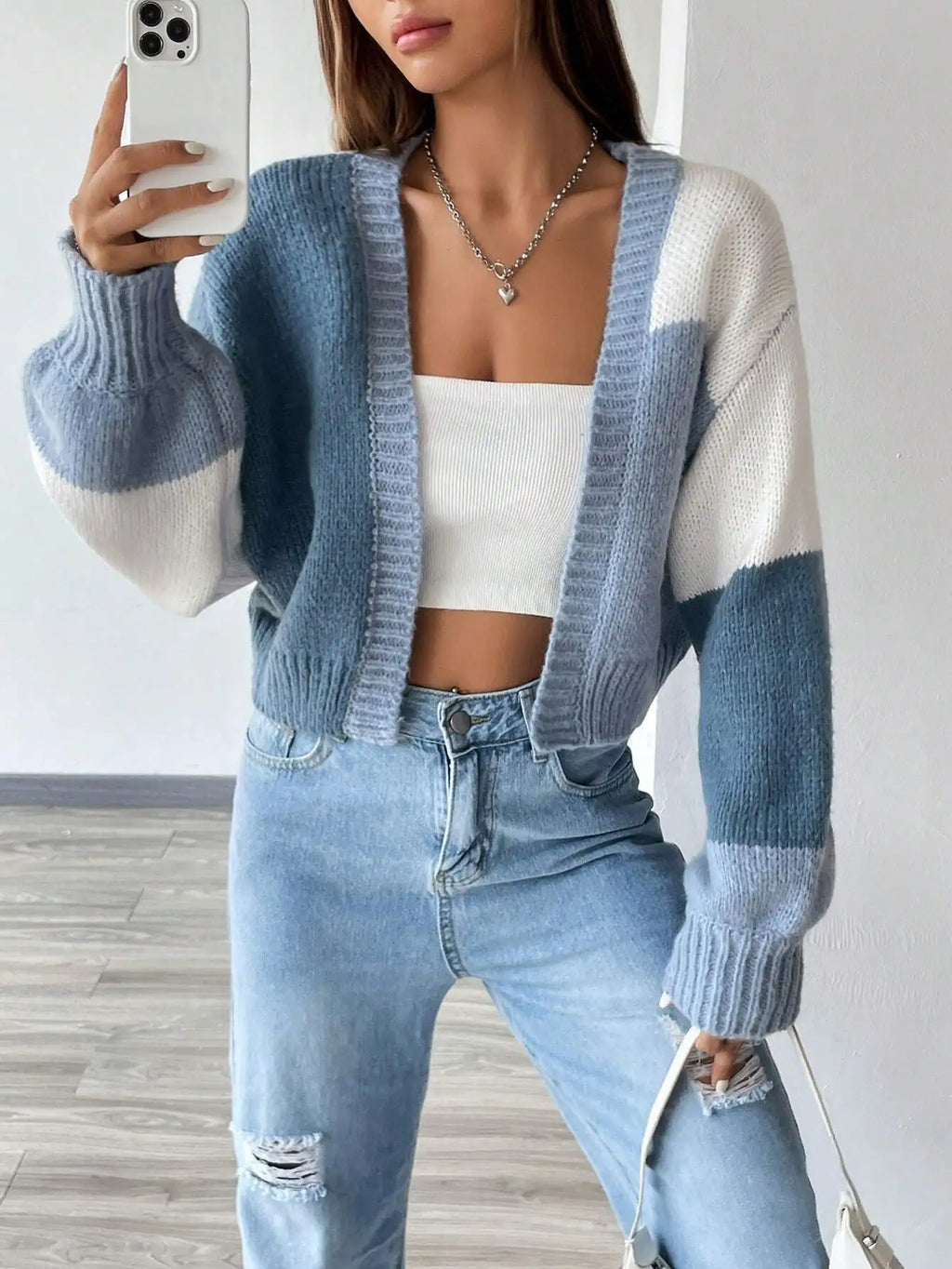 Color Block Drop Shoulder Knit Cardigan for Women, Long Sleeve Fall Winter Casual Top