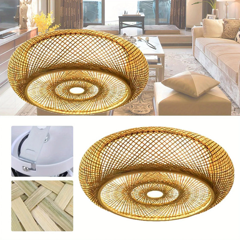 Hand-Woven Bamboo Ceiling Light 3-Light Drum Shade Natural Rattan Pendant for Living Room Bedroom Study Zen Decor