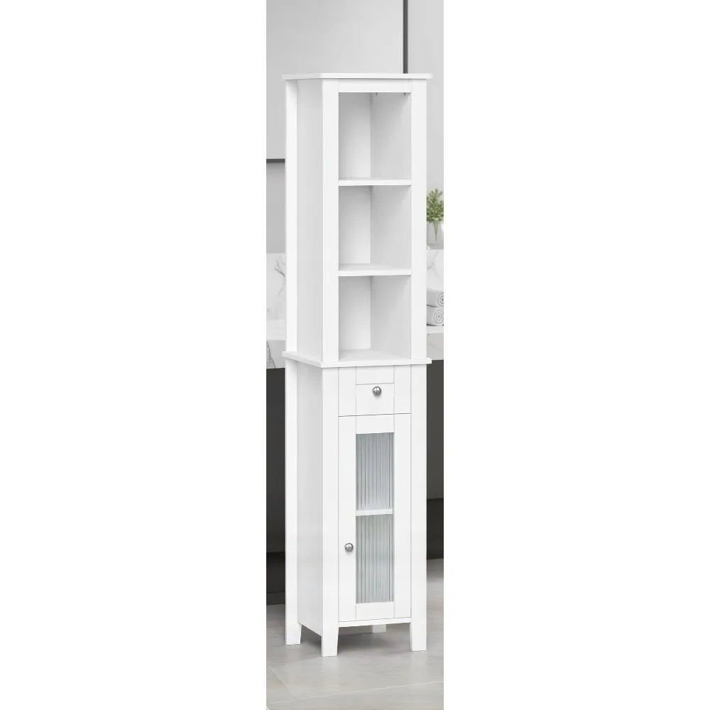Slim Tall Bathroom Storage Cabinet with Glass Door, Drawer & Shelves - Space-Saving Organizer for Small Bathrooms