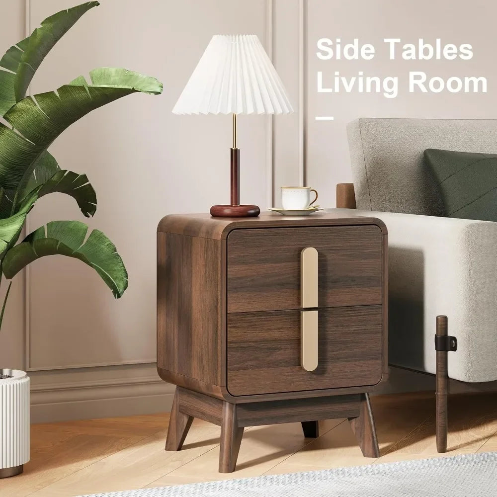 Pair of Mid-Century Modern Nightstands with Drawers, Metal Handles, and Curved Brown Profiles for Storage