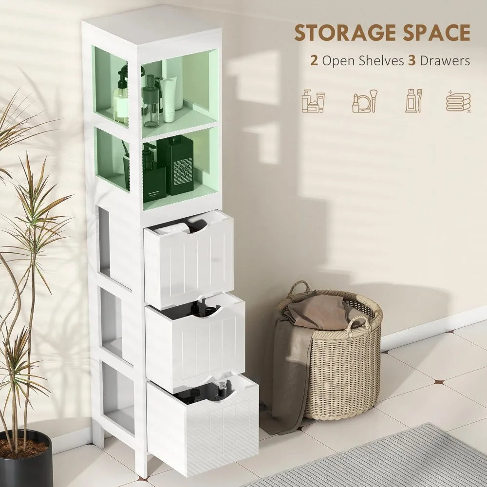 Slim Bathroom Storage Cabinet with 3 Drawers & 2 Shelves, Freestanding Organizer for Small Spaces, White