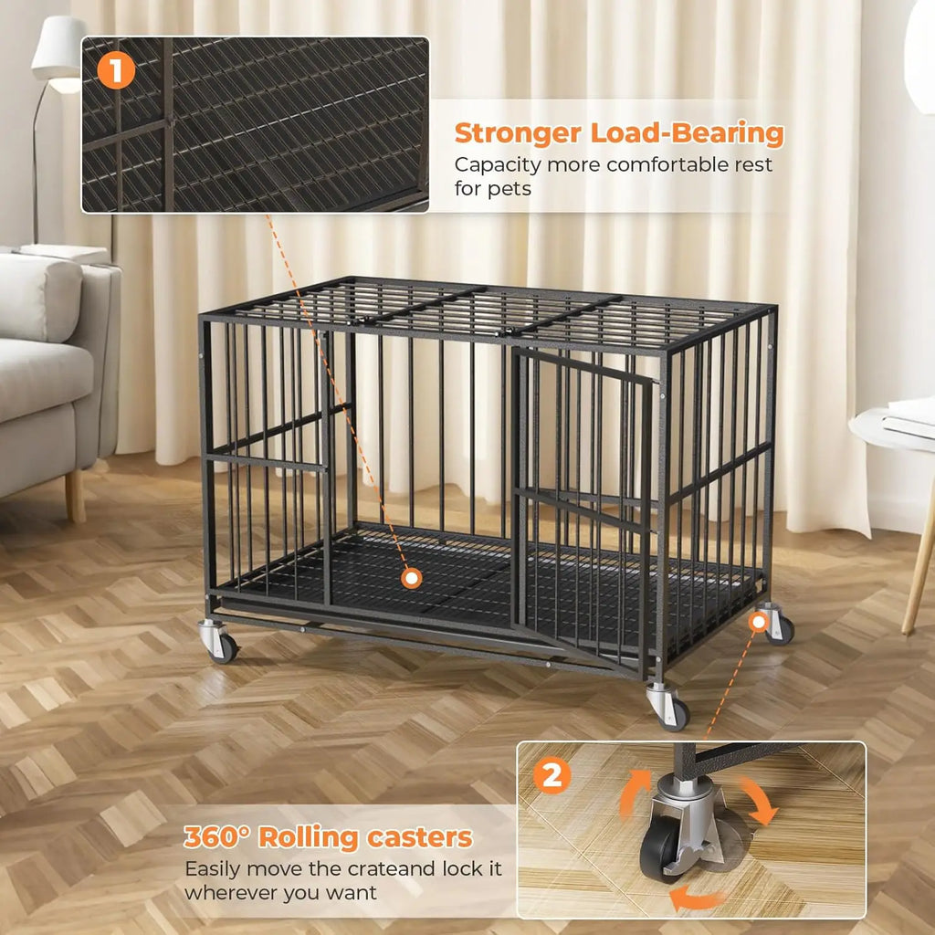 48-Inch Heavy-Duty Steel Dog Crate with Double Doors, Removable Tray, and Wheels for Indoor Use