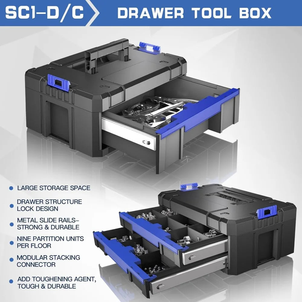 Portable Rolling Modular Tool Storage System with Drawers - 4 Tier Stackable Organizer Box for Tools