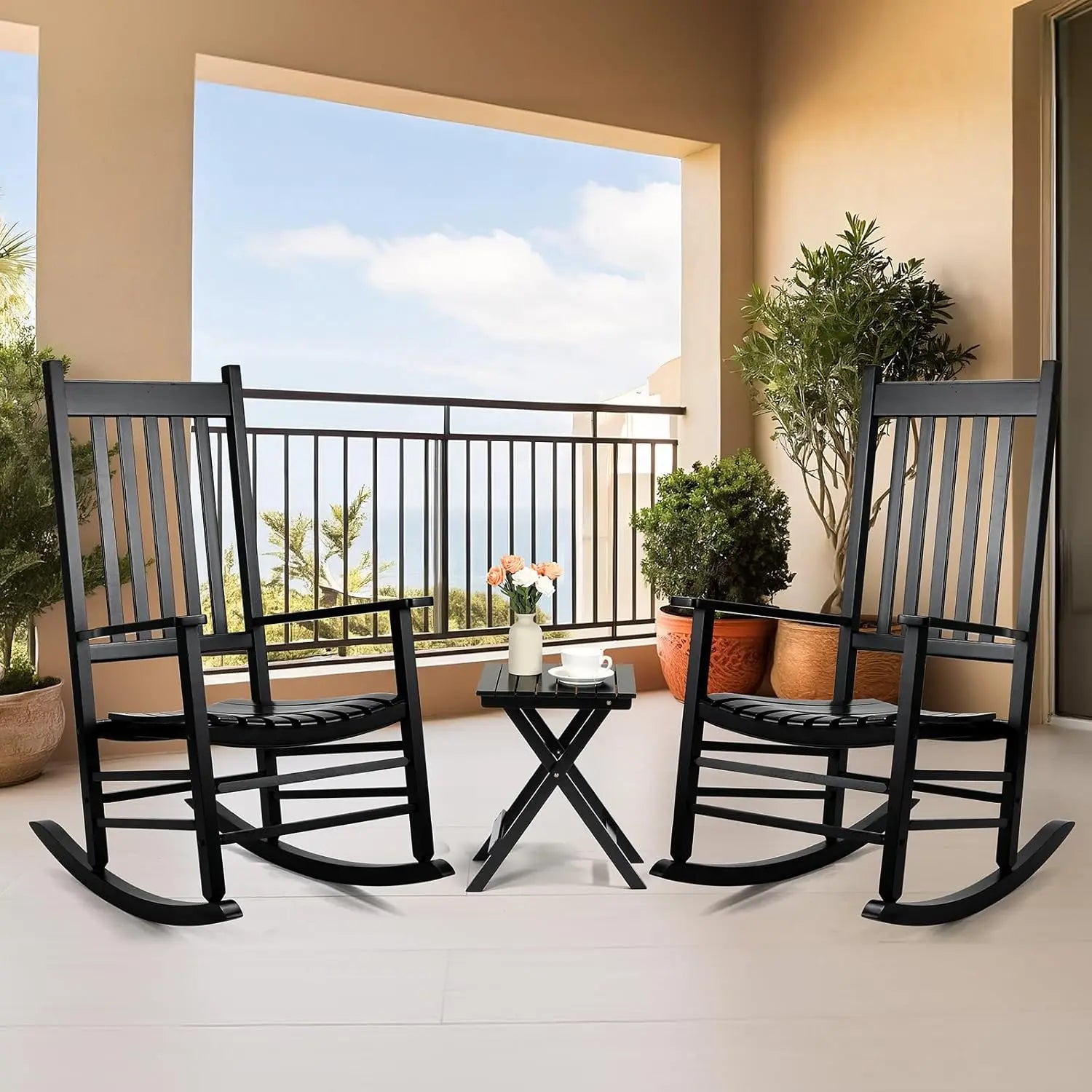3 Piece Patio Rocking Chair Set, Outdoor Wood Conversation Set w/ 2 Rockers & 1 Coffee Table, Poplar Wooden Rocking Bistro