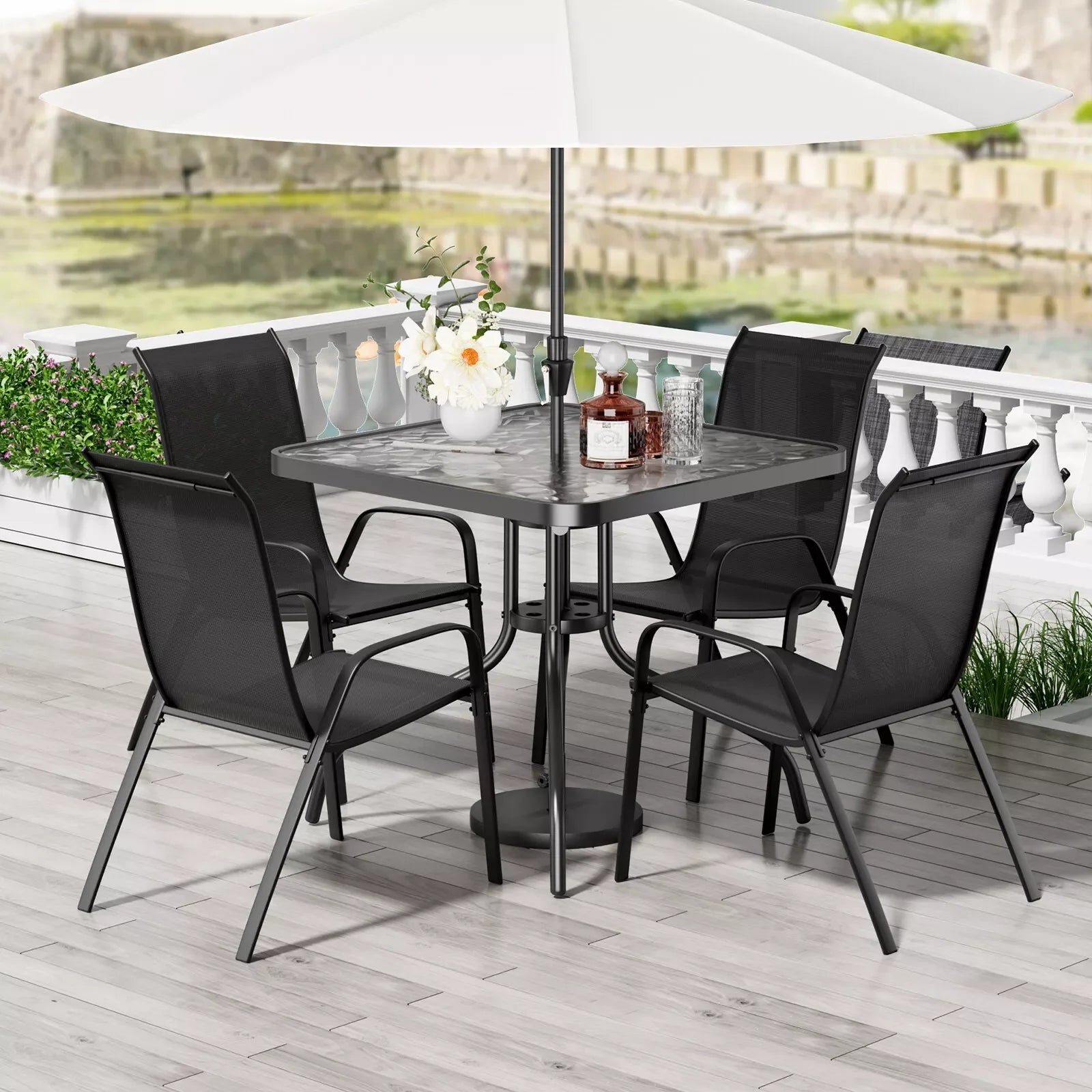 Patio Dining Set 5 Pieces, All Weather Outdoor Furniture W/ 30"x30" Table and 4 Stackable Textilene Chairs, Metal Table & Chairs