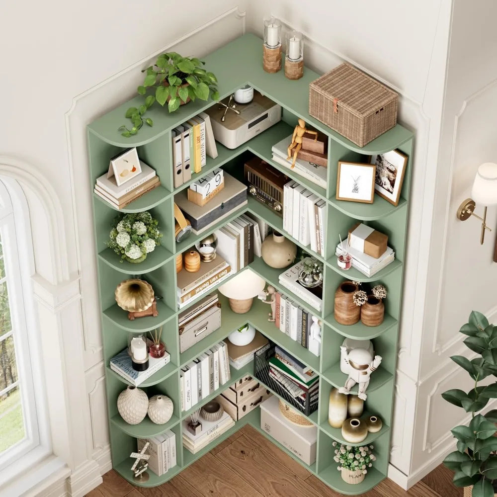 6-Tier Tall Corner Bookshelf with Open Storage, Wooden 74 High Bookcase for Home Organization and Storage Solutions