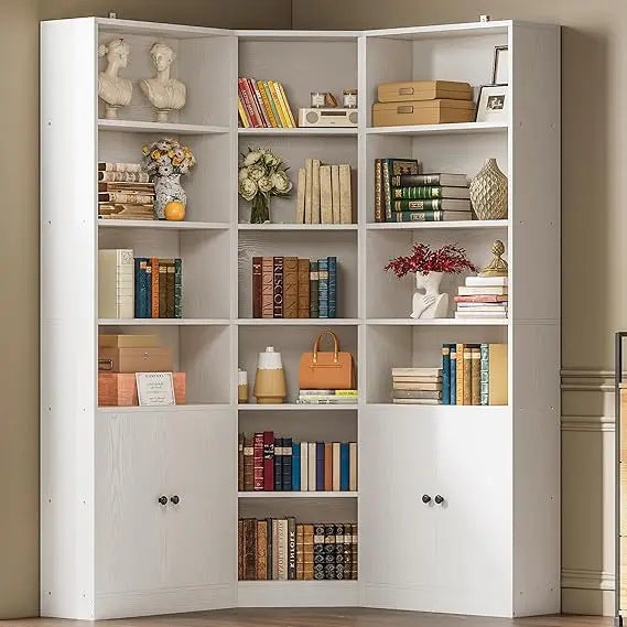 Corner Bookshelf with 7 Tier Shelves and 2 Storage Cabinets, 71 Height Storage Shelves Corner Combination Unit