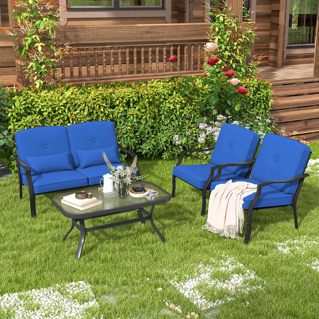 2 PCS Patio Furniture Set Outdoor Loveseat Chair Coffee Table Cushioned Seat Navy