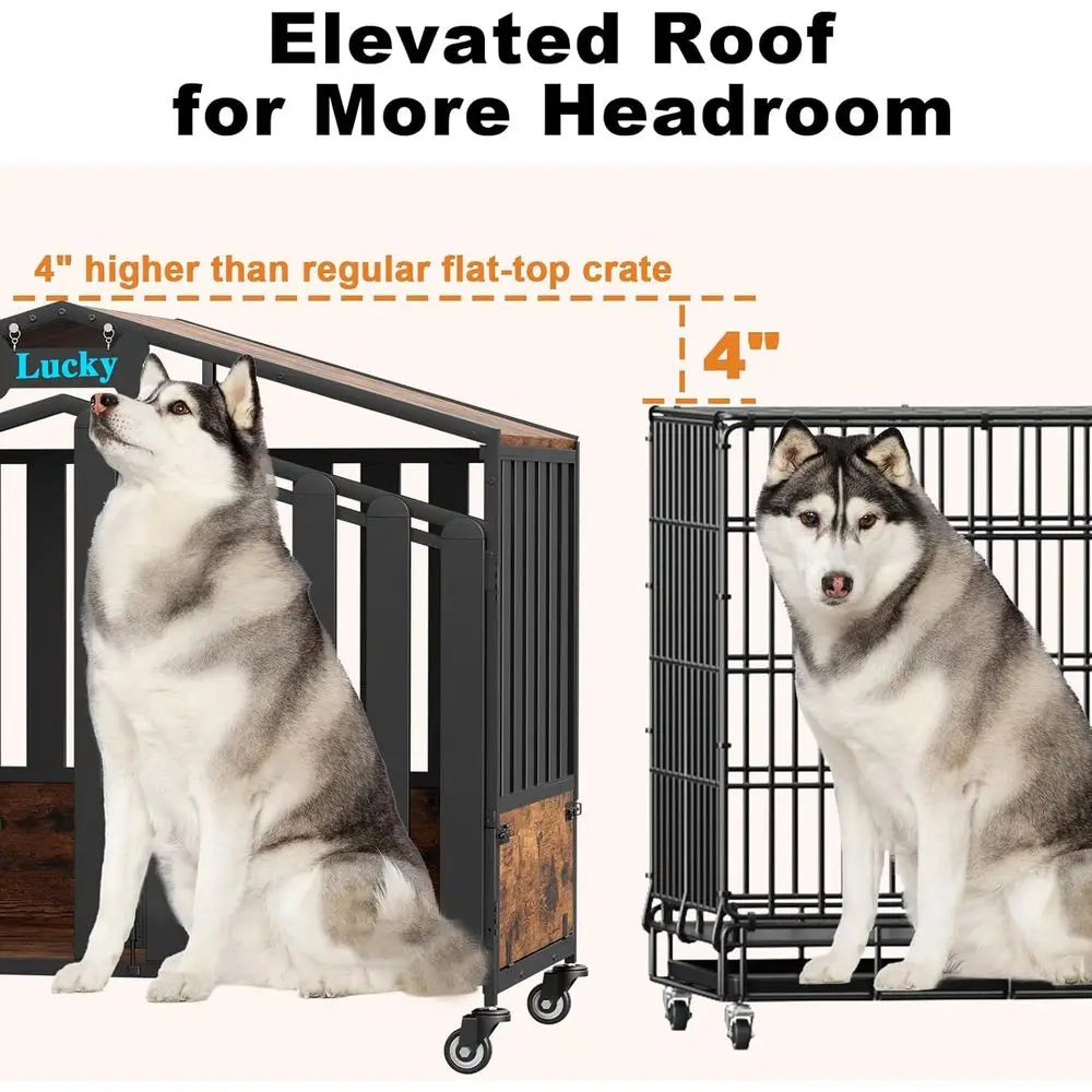 Heavy Duty Dog Crate Furniture, Dog Kennel Indoor with 360° Wheels, Dog Crates for Large Dogs (Over 60lb), Dog House with Feedin