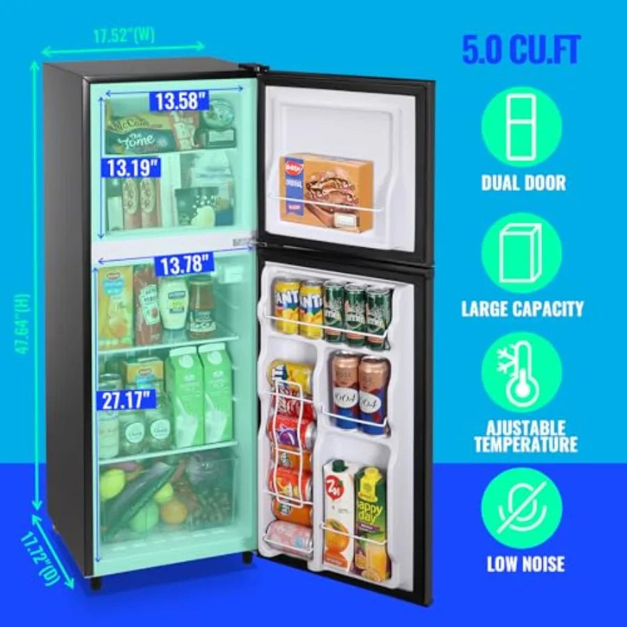 5.0 Cu.ft Mini Fridge Small Refrigerator with Drink Holder Double Door Refrigerator Adjustable Glass Shelves for Home Apartment