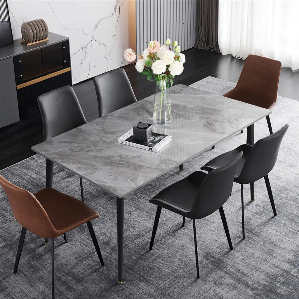 High Gloss 4-6 Seat Rectangular Marble Dining Table for Kitchen Island Restaurant Lunch Dinner Table Metal Frame