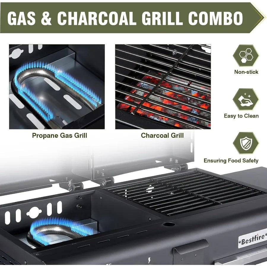 Propane Gas Griddle Charcoal Grill Combo Flat Top Griddle with Dual Lids 2 Side Shelves Dual Fuel BBQ Grill for Outdoor Barbecu
