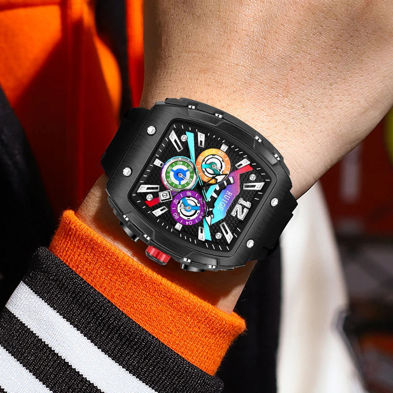 RUIGE Night light three-eyed six-needle silicone strap quartz watch fashion trend leisure gift men's wristwatch