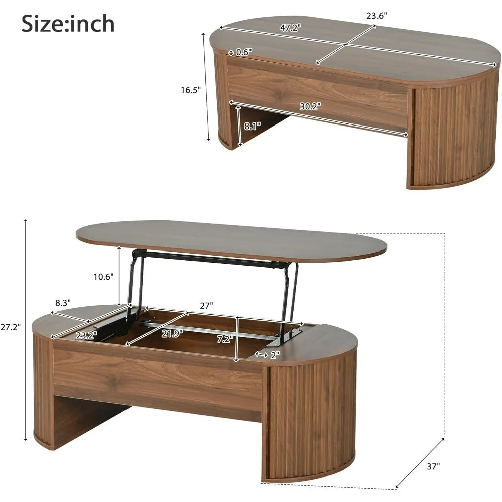 Modern Oval Coffee Table with Lift Top and Hidden Storage, 47.2 Wooden Center Table for Living Room