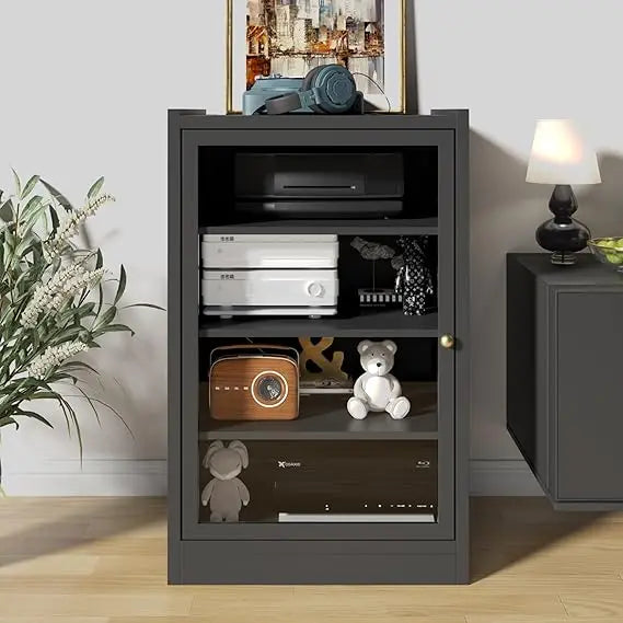 Media Cabinet with Door, Black 5-Tier Stereo Cabinet with Adjustable Shelves, AV Media Storage Shelf with Cable Management, Aud