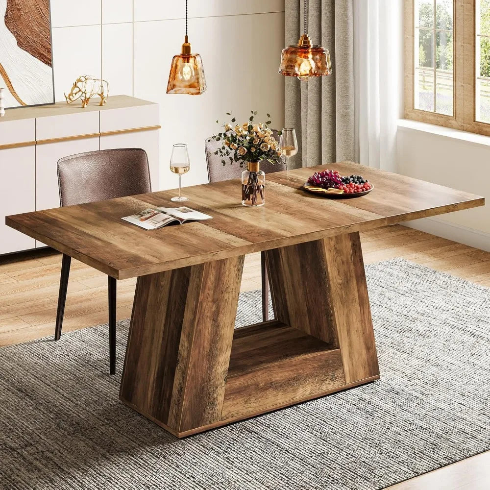 Modern Wooden Faux Marble Rectangular Dining Table for 4-6, Sturdy Base, 63" Length
