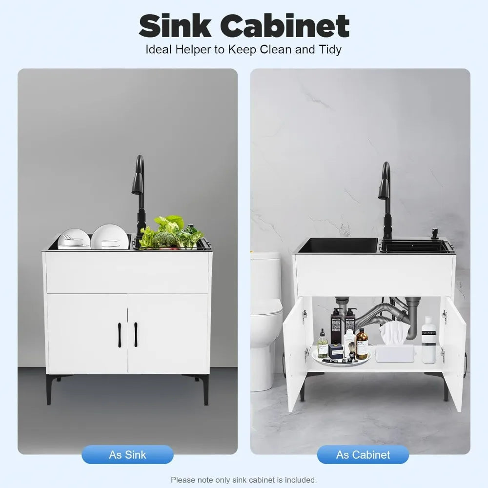 Stainless Steel 30 Laundry Sink Cabinet with Pull-Out Spray Faucet and Soap Dispenser