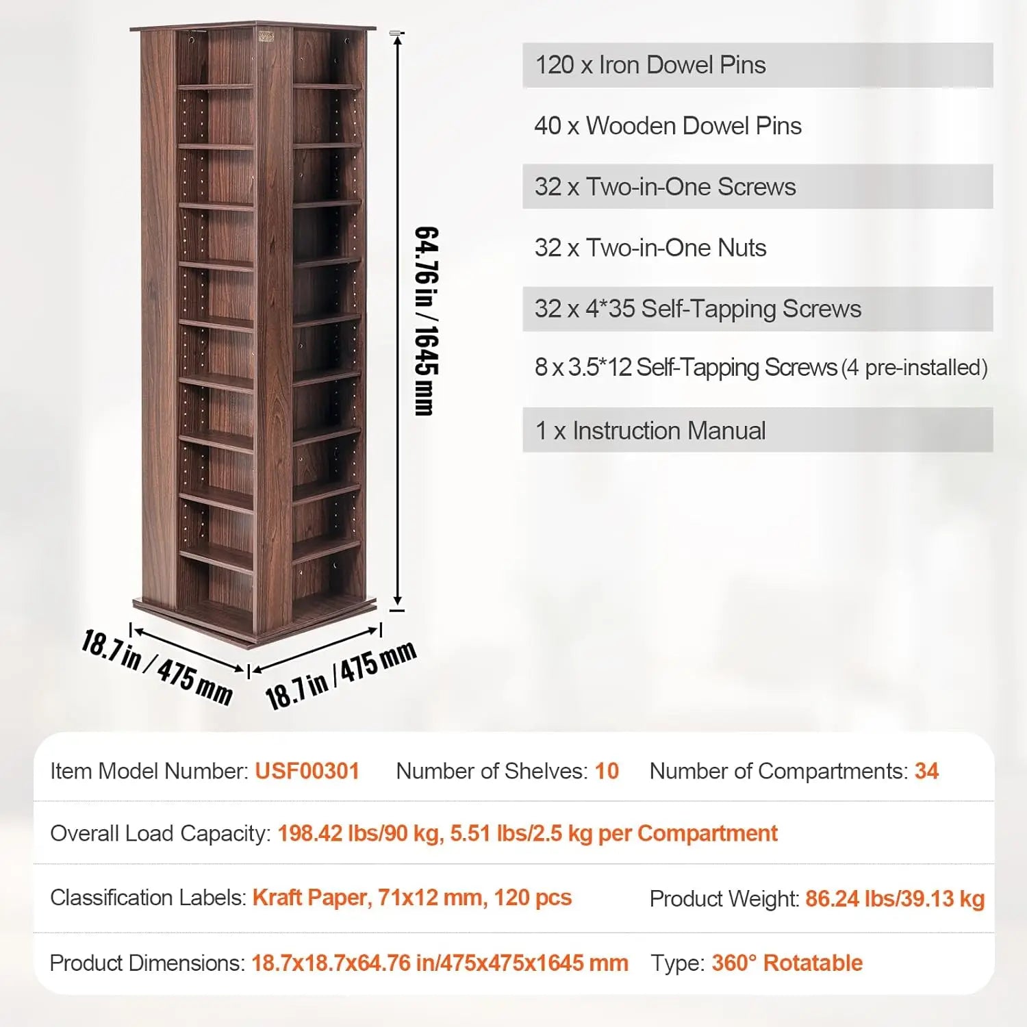 Media Storage Cabinet, 34 Compartments Rotating Media Tower, Protects & Organizes Music, Movie, Video Games or Memorabilia