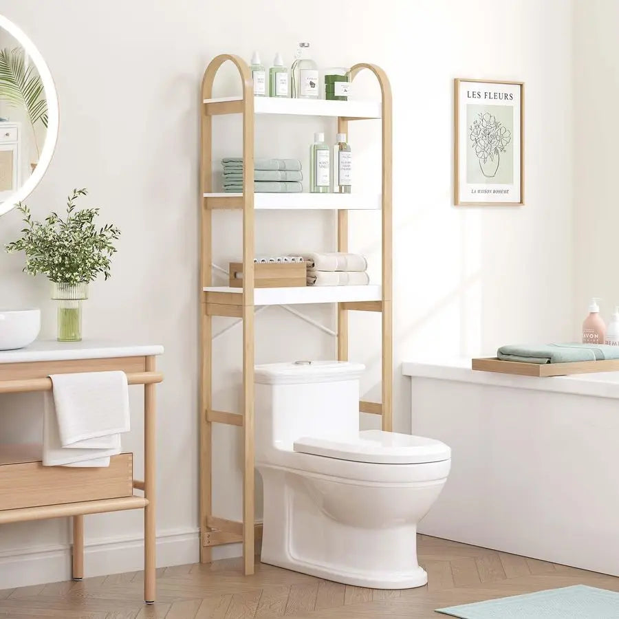 Over The Toilet Storage Shelf, 3Tier Over Toilet Bathroom Organizer, SpaceSaving Above Toilet Storage Shelf Rack with Bamboo Fra