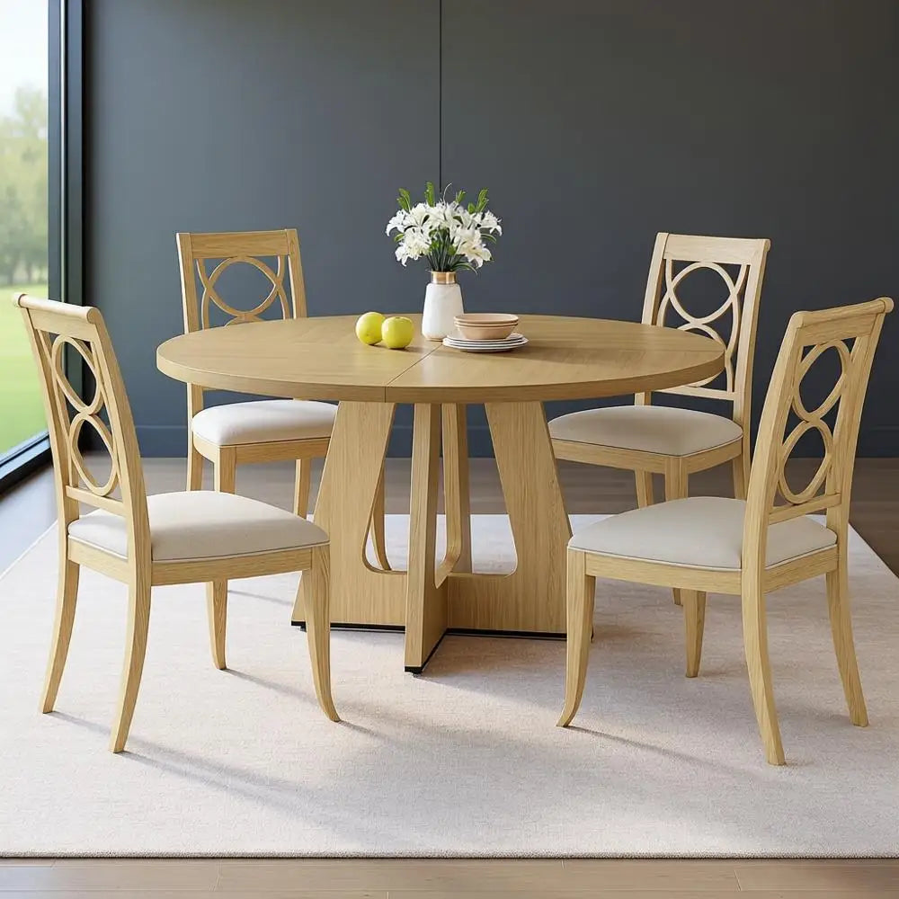 Farmhouse Style Dining Table Set for 4-6, Wooden Top Circle Table, Pedestal Base, Dining Room Furniture - Burlywood Finish