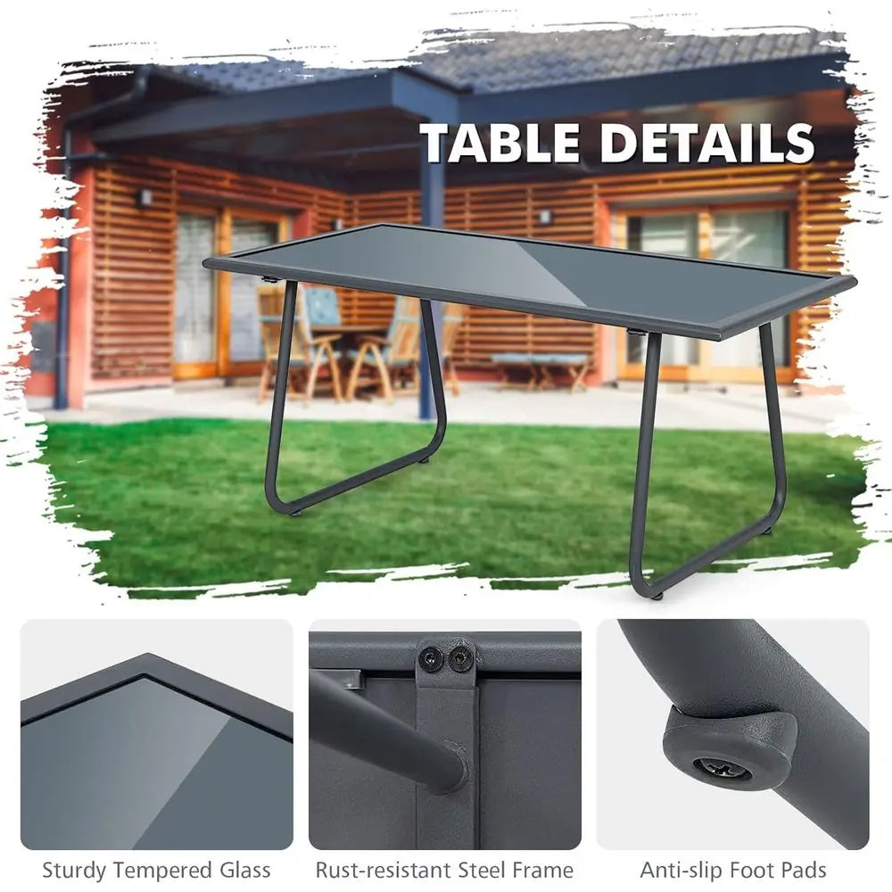 Gray Outdoor Patio Furniture Set: 4-Piece Metal and Fabric Conversation Area with Tempered Glass Table for Garden, Poolside Use