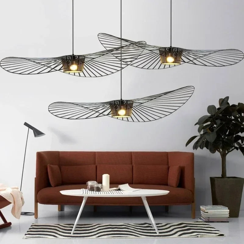 Vintage Hat Pendant Lamp Black Rattan Led Suspension Luminaire Hanging Light Kitchen Living Room Home Decor Ceiling Chandelier