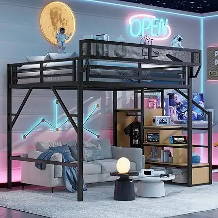 Queen Size Loft Bed with Stairs and Storage, Metal Loft Bed Frame with Bedside Shelf and Large Under-Bed Space, Heavy-Duty Beds
