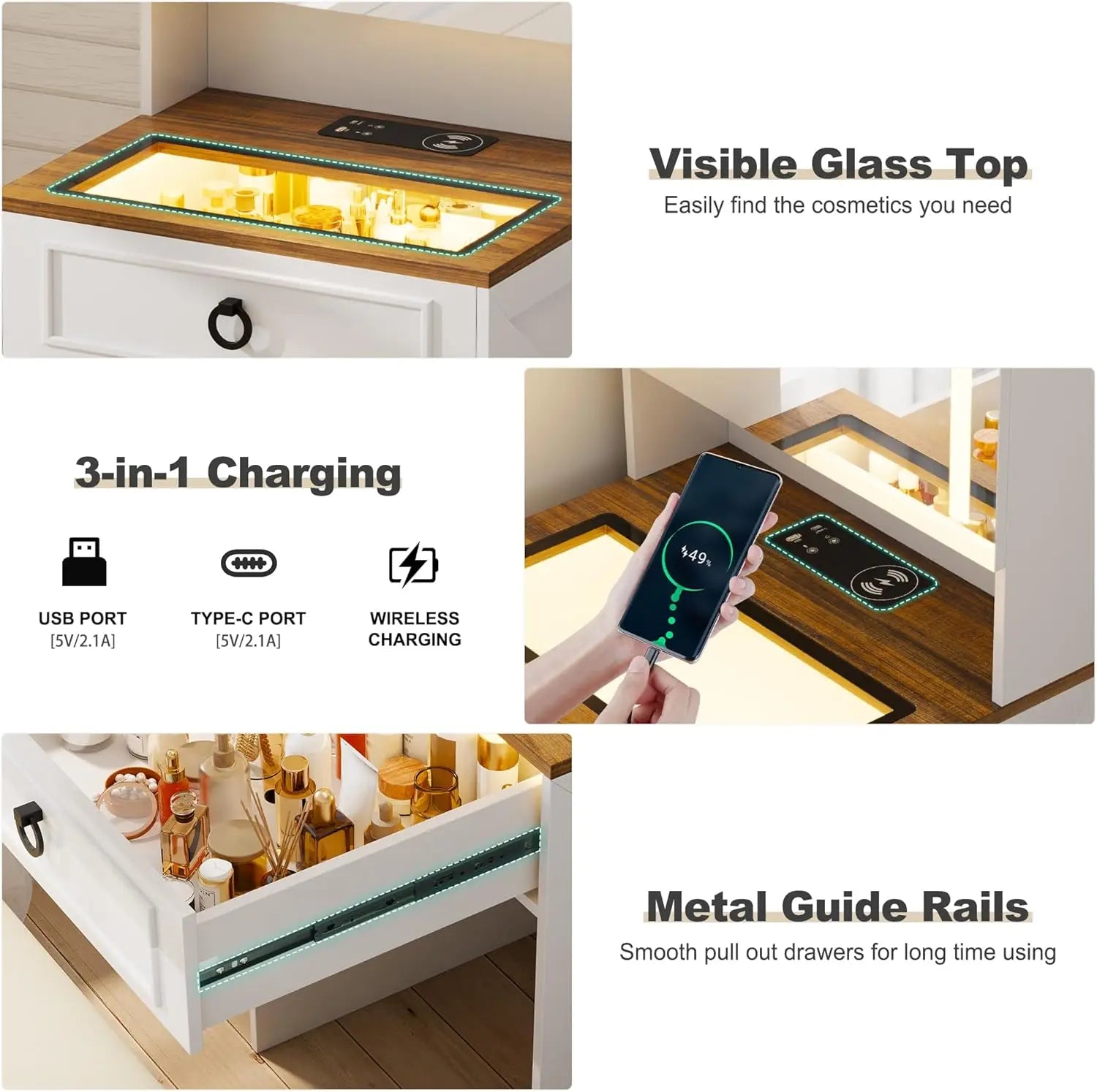 3-in-1 Vanity Desk with Mirror and Lights, Small Compact Makeup Vanity Set with Hidden Storage Stool, Glass Top Dressing Table