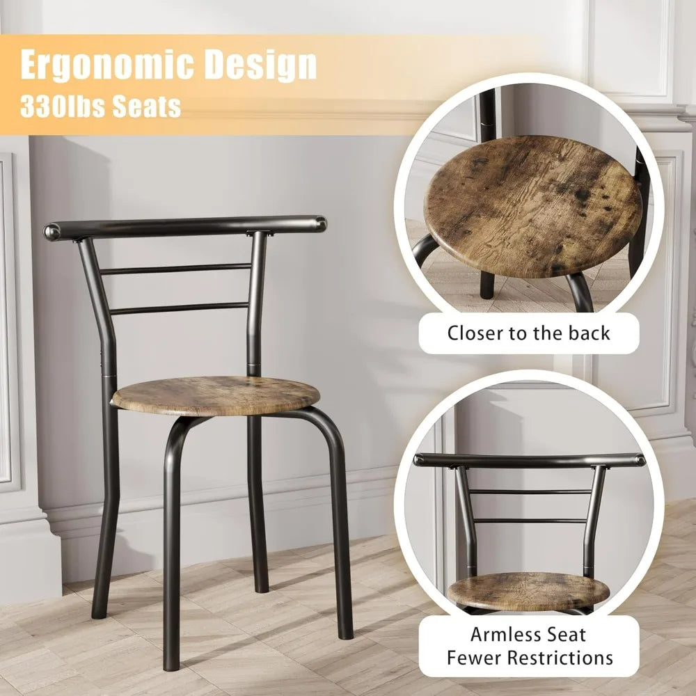 Wooden Round Table & Chair Set, Space Saving Kitchen Breakfast Nook Wood Grain Tabletop with Metal Frame