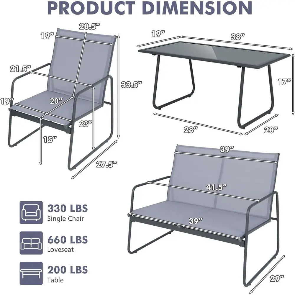 Gray Outdoor Patio Furniture Set: 4-Piece Metal and Fabric Conversation Area with Tempered Glass Table for Garden, Poolside Use