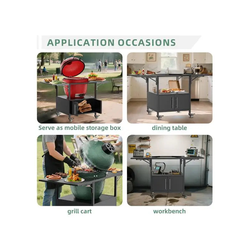 Outdoor Grill Table for Kamado BBQ, Metal Grill Cart with 2 Folding Panels, Fits Large Grills and Kamado Joe Jr, Perfect for
