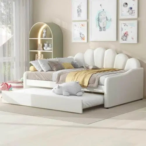 Bellemave Full Size Daybed Frame with Trundle Bed, Velvet Upholstered Daybed with Shall Shaped Backrest, Perfect for Living Room