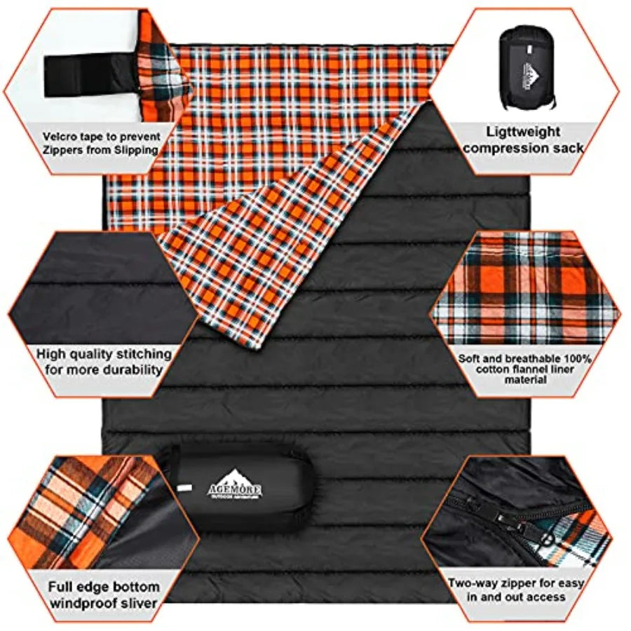 Cotton Flannel Double Sleeping Bag for Camping Backpacking or Hiking: Queen Size 2 Person Waterproof Sleeping Bag for Adults or