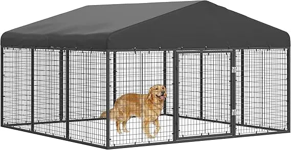 Outdoor Dog Kennel 10x10x6 Steel Cage for Medium/Small Dogs - Rust-Resistant, Weather-Proof with Roof