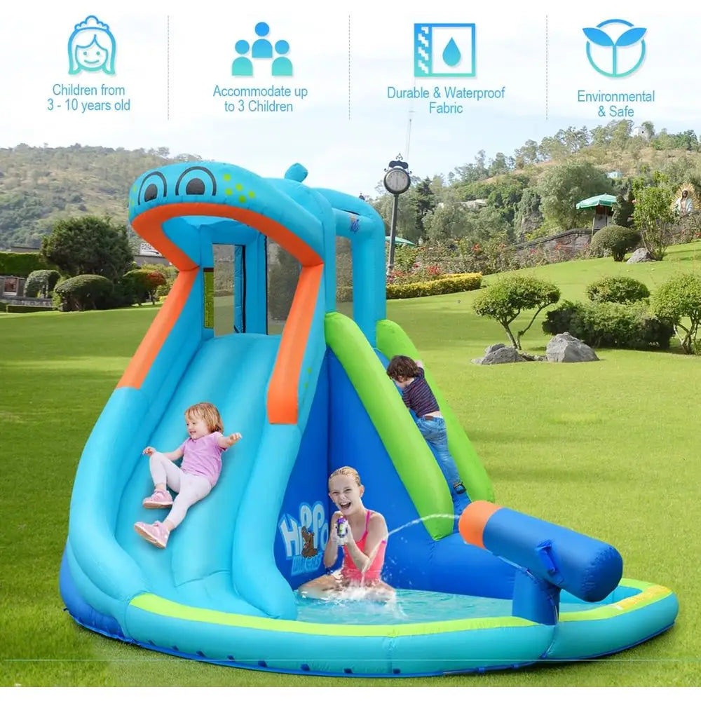 Hippo-Themed Inflatable Water Park with Slide, Climbing, Splash Pool for Kids' Outdoor Fun