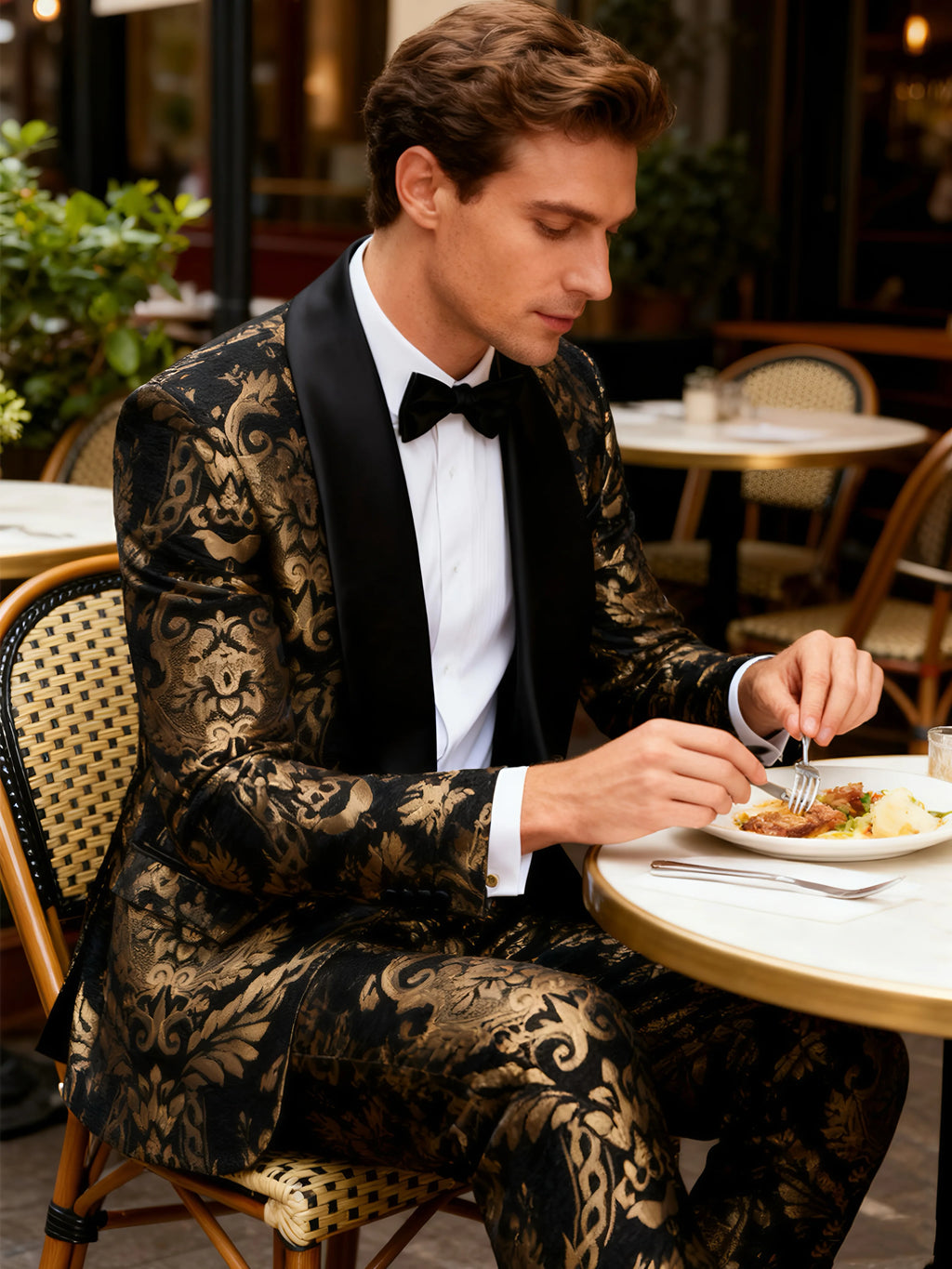 Men's jacquard Silm fitted suit 2-piece set with shawl collar and tailcoat, suitable for weddings, parties, dances, and other oc