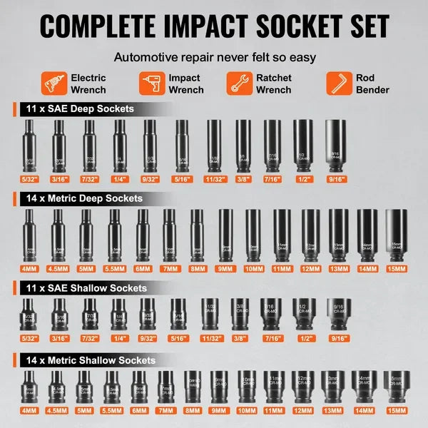 VEVOR Impact Sockets Set 55pcs 6-Point 1/4' Drive Bit Ratchet Tool Kit Case