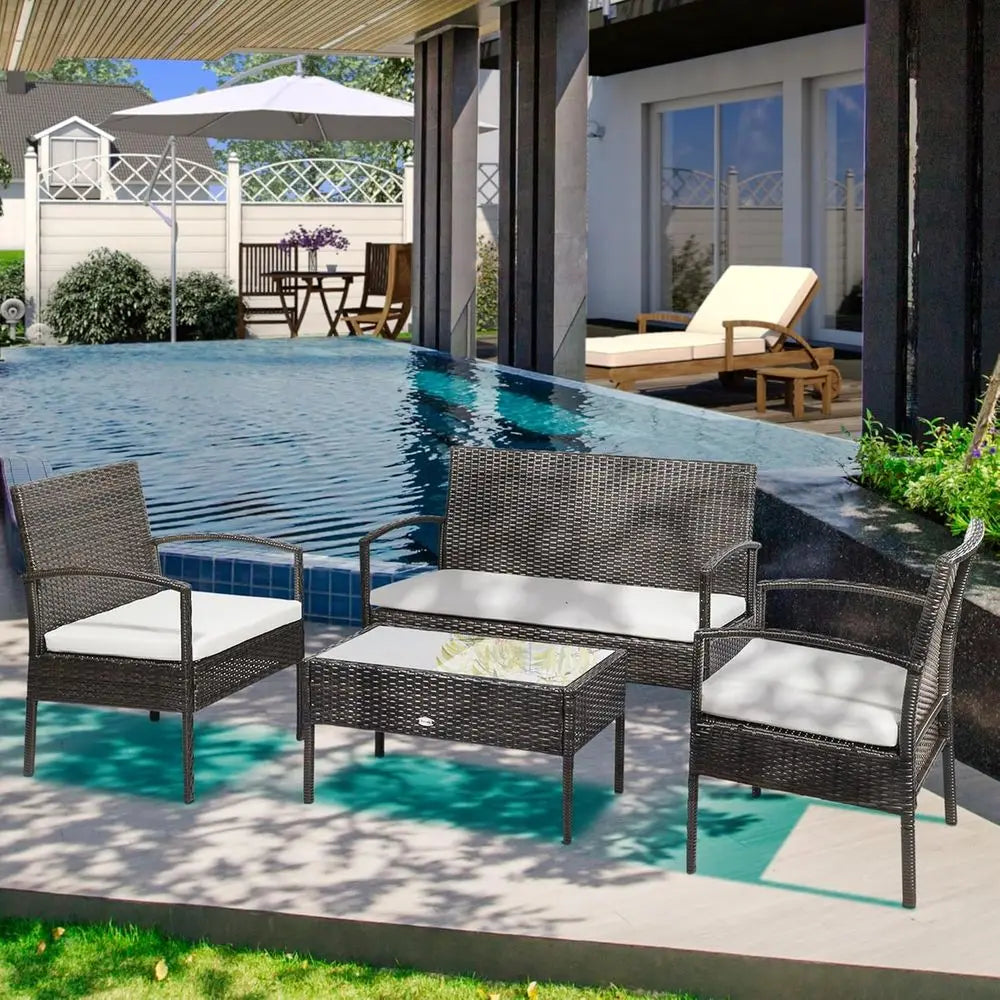 4 Piece Indoor Outdoor PE Wicker Conversation Set with Chairs, Loveseat Sofa, Cushions, Glass Table for Backyard, Sunroom, Pool,