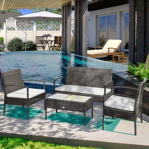 4 Piece Indoor Outdoor PE Wicker Conversation Set with Chairs, Loveseat Sofa, Cushions, Glass Table for Backyard, Sunroom, Pool,