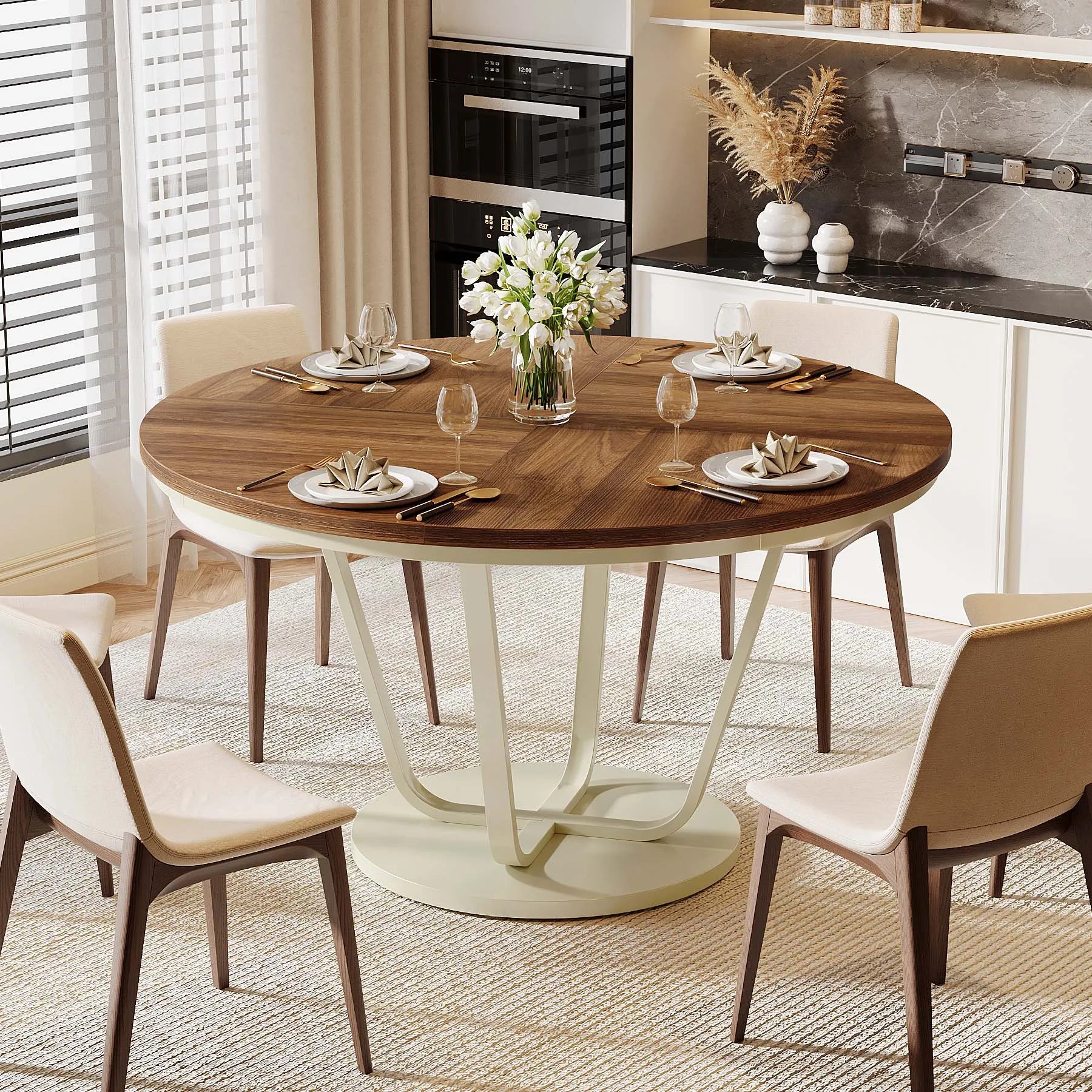 Tribesigns Round Dining Table, 47-Inch Wood Large Farmhouse and Modern Kitchen Table for 4-6 People with Gray Frame